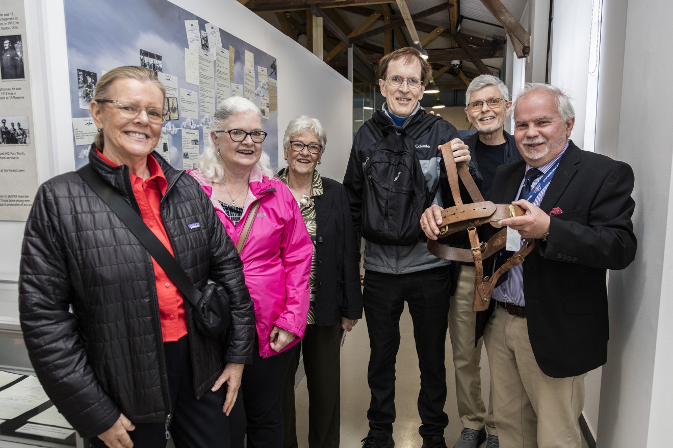 L to R Beverly Brown, Ann Latham, Kathie Arundell, Mark Latham, James Lindop Brown and Stephen Nunn, holding Capt Brown's Sam Browne belt